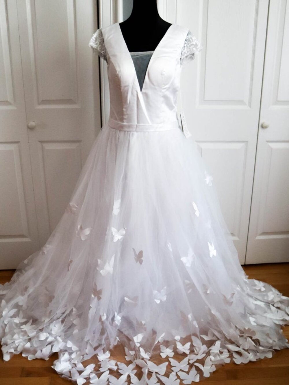 Fairytale Wedding Dress Aline Ballgown Plunging Neckline Butterfly Detail Sz 10
